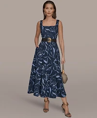 Donna Karan New York Women's Square Neck Belted A-Line Dress