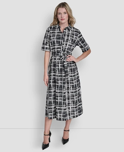 Dkny Women's 3/4-Sleeve Collared Neck Cotton Midi Shirtdress