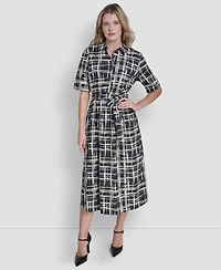 Dkny Women's 3/4-Sleeve Collared Neck Cotton Midi Shirtdress