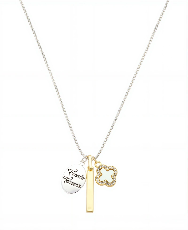 Unwritten Two Tone "Friends Forever" Plain Bar Mother Of Pearl Inlay W/Crystal Clover Necklace with Extender