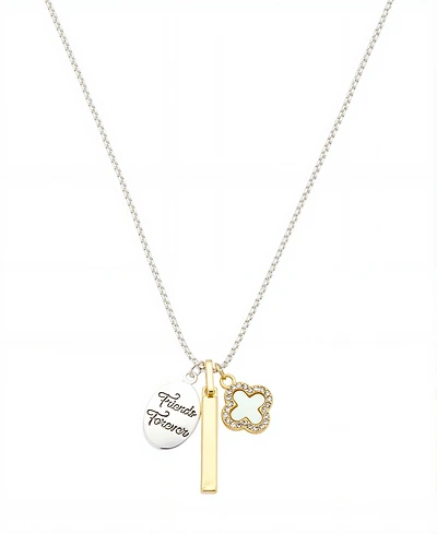 Unwritten Two Tone "Friends Forever" Plain Bar Mother Of Pearl Inlay W/Crystal Clover Necklace with Extender
