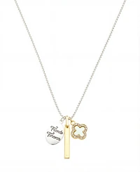 Unwritten Two Tone "Friends Forever" Plain Bar Mother Of Pearl Inlay W/Crystal Clover Necklace with Extender