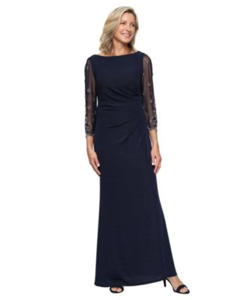 Alex Evenings Womens Boat Neck Long Metallic Knit Ball Gown