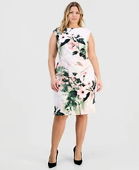 Kasper Plus Floral-Print Boat-Neck Scuba Dress