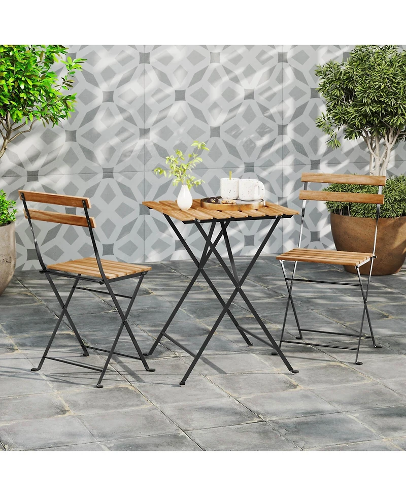 Costway 3 Pcs Patio Acacia Wood Bistro Set Table with 2 Folding Chairs Slatted Seat
