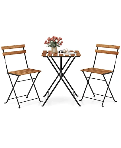 Costway 3 Pcs Patio Acacia Wood Bistro Set Table with 2 Folding Chairs Slatted Seat
