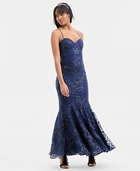 Violet Weekend Juniors' Floral Sequin Embellished Mesh Gown
