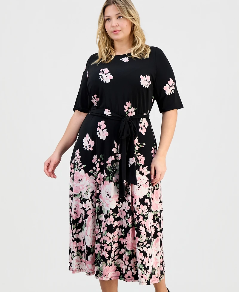 Kasper Plus Floral-Print Round-Neck Tie-Belt Waist