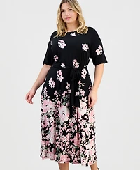 Kasper Plus Floral-Print Round-Neck Tie-Belt Waist