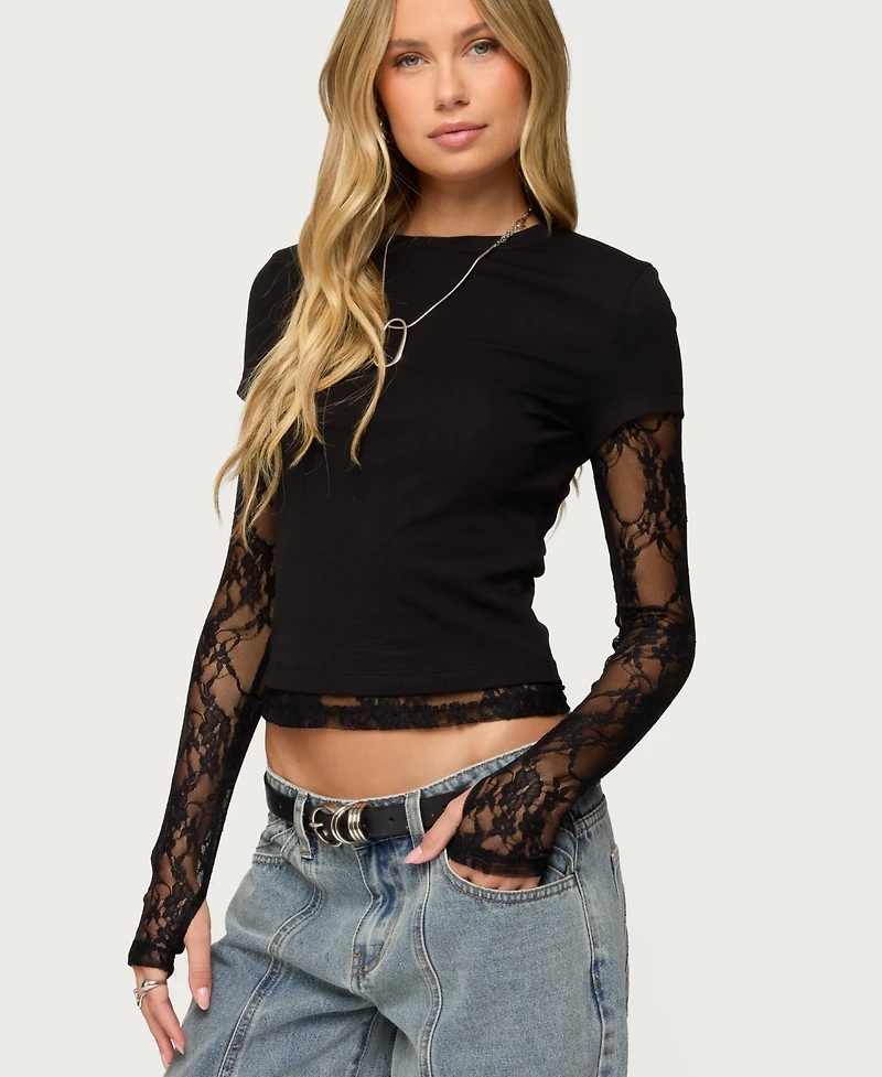 Edikted Womens Layered Lace Sleeve T Shirt
