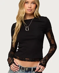 Edikted Womens Layered Lace Sleeve T Shirt