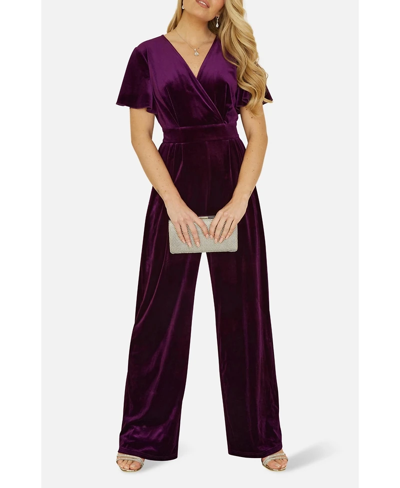 Yumi Women's Angel Sleeve Velvet Jumpsuit