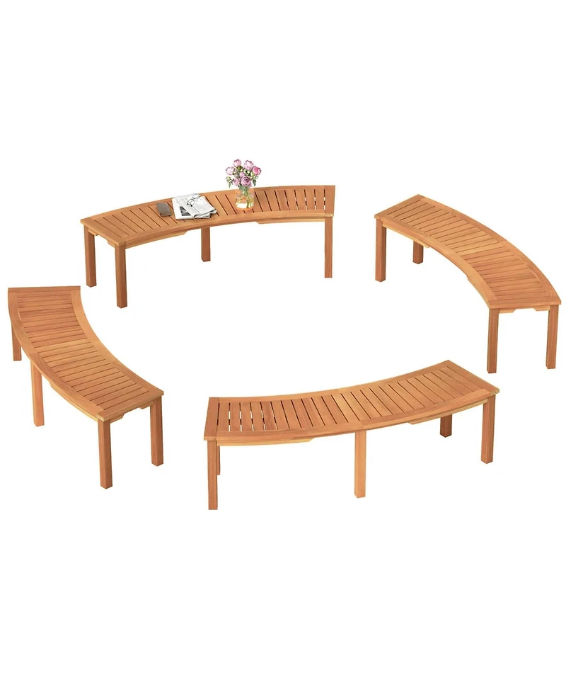 4 Pcs Outdoor Curved Bench with Slatted Seat Solid Acacia Wood for Yard