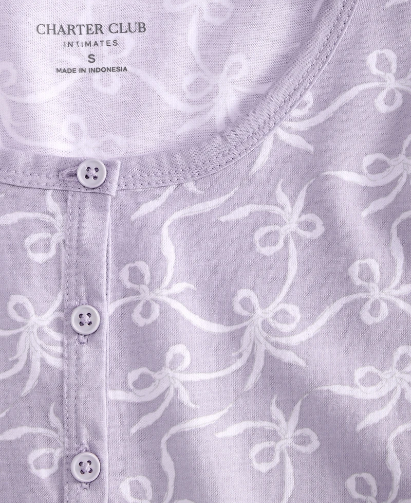 Charter Club Women's Cotton Printed Long Sleeve Henley Sleepshirt, Created for Macy's