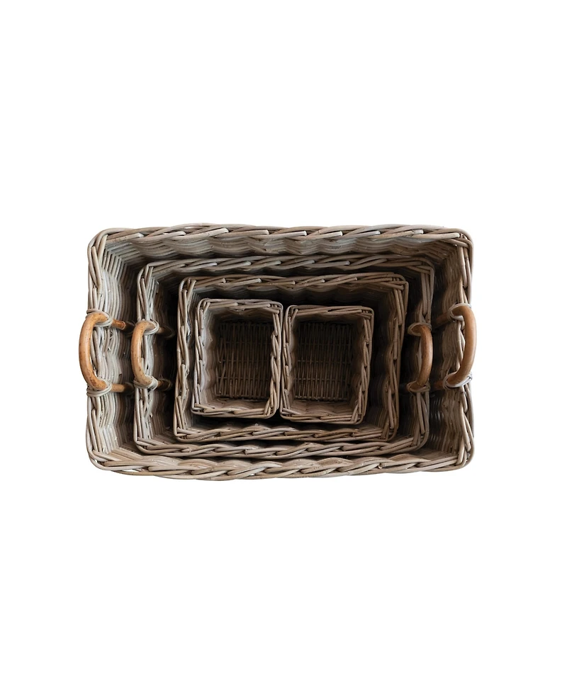 Storied Home Hand-Woven Rattan Trunks with Handles and 3 Nested Baskets, Natural, Set of 5