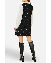 Yumi Women's Embroidered Button Up Pinafore Dress