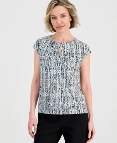 Anne Klein Womens Pleat Keyhole Neck Short Sleeve Top