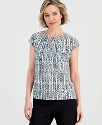Anne Klein Womens Pleat Keyhole Neck Short Sleeve Top