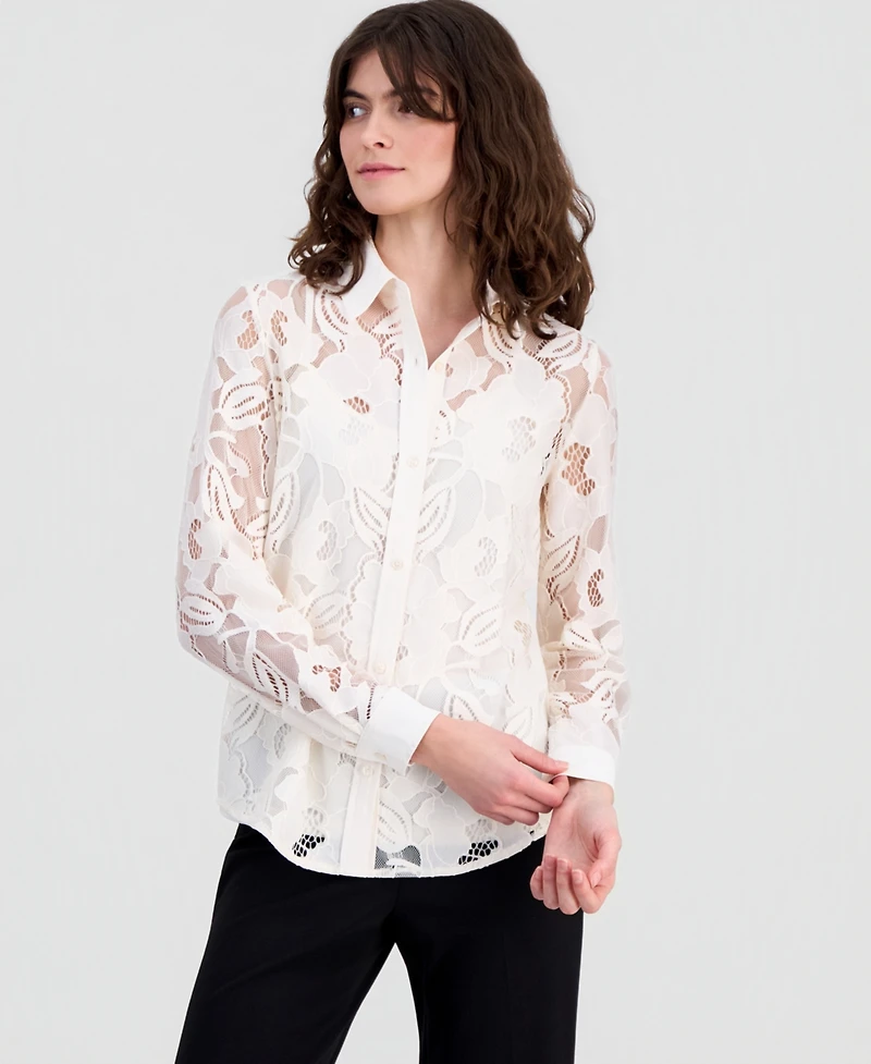 Anne Klein Women's Collared Lace Button-Front Shirt