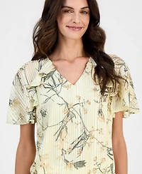 Anne Klein Women's Printed V-Neck Ruffle-Trim Top