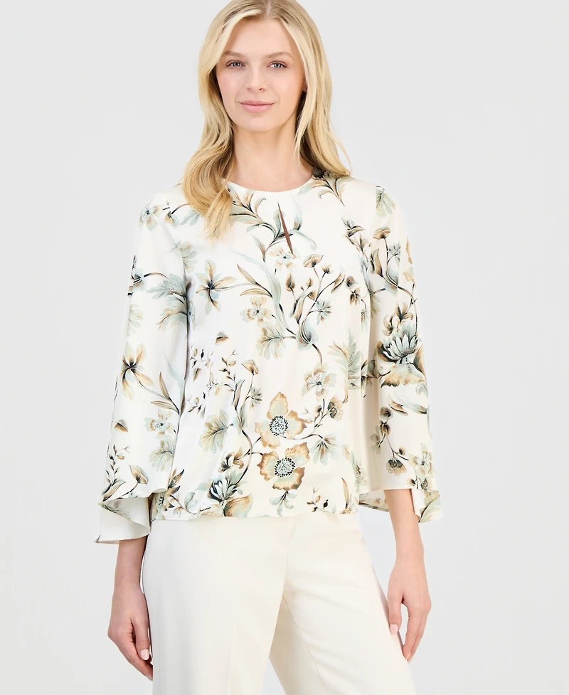 Anne Klein Women's Keyhole-Front Bell-Sleeve Top