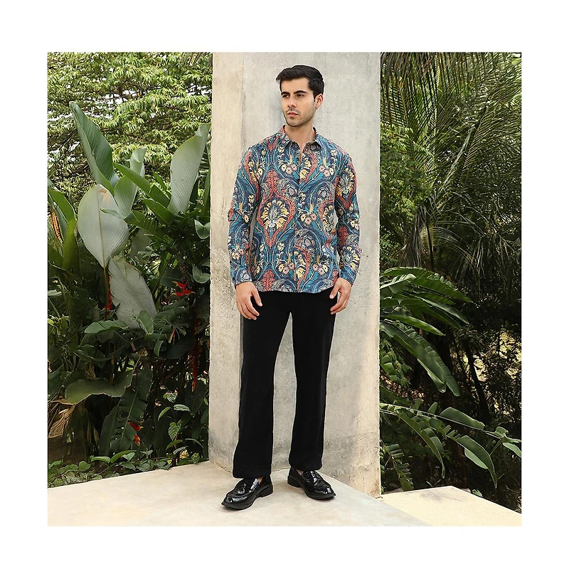 Campus Sutra Men's Aegean Blue Floral-Opulance Shirt