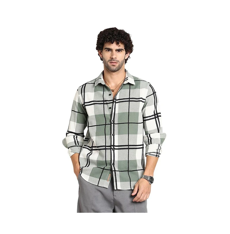 Campus Sutra Men's Sage Green Overlap Buffalo Shirt