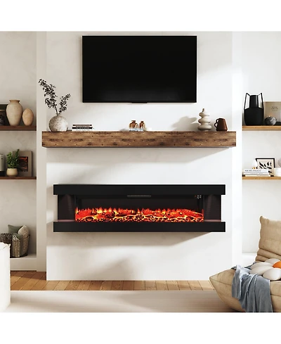 Clihome 60 Inches Wall-Mounted Electric Fireplace With Led Lighted Mantel And Remote, Modern Indoor Heating Accent Fireplaces