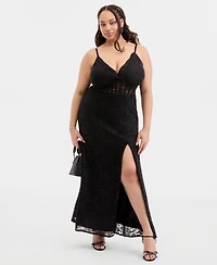 City Studios Trendy Plus Glitter Lace Spaghetti-Strap Gown