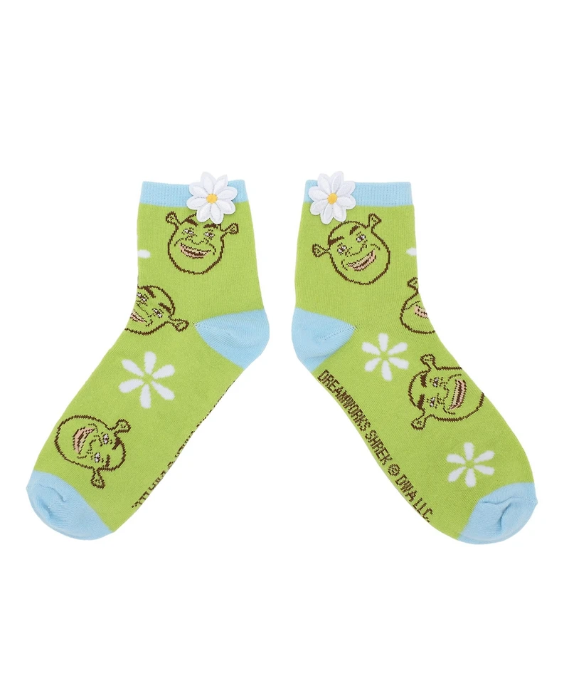 Shrek Characters & 3D Flowers Women's 3-Pair Casual Quarter Crew Ankle Socks