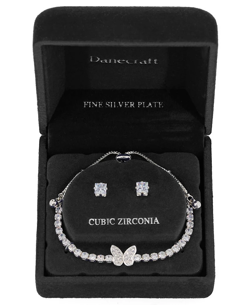 Giani Bernini Fine Silver Plated Cubic Zirconia Butterfly Bracelet and Stud Earrings Set