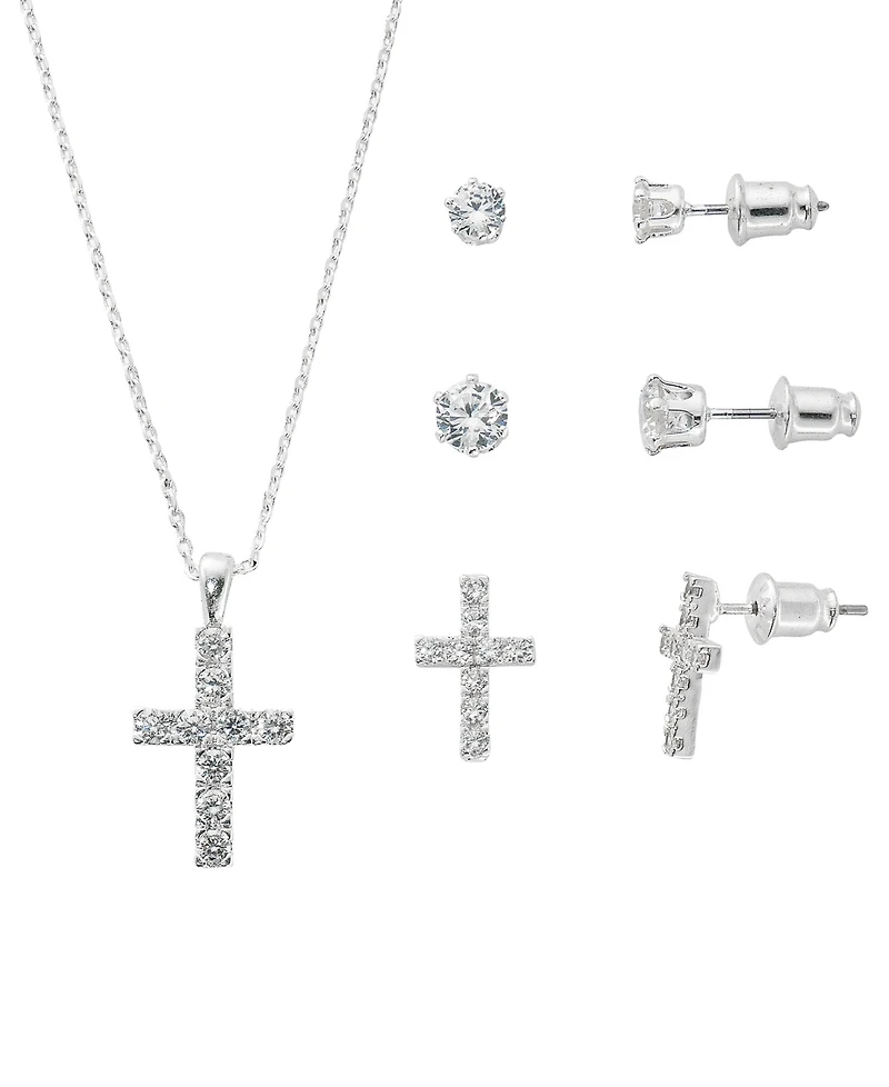 Giani Bernini Silver-Tone Cubic Zirconia Cross Pendant Necklace and 2 of pair Stud Earrings Set