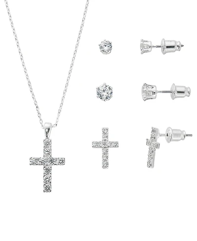 Giani Bernini Silver-Tone Cubic Zirconia Cross Pendant Necklace and 2 of pair Stud Earrings Set