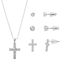Giani Bernini Silver-Tone Cubic Zirconia Cross Pendant Necklace and 2 of pair Stud Earrings Set