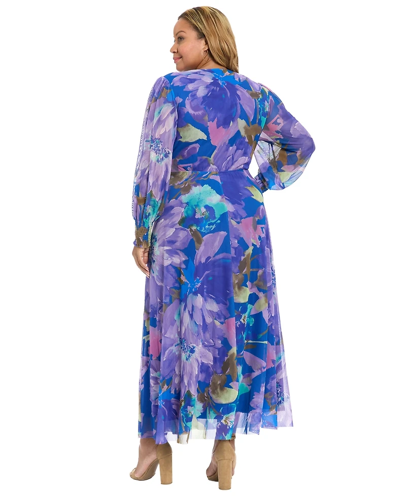 London Times Plus-Size Long-Sleeve Faux Wrap Dress