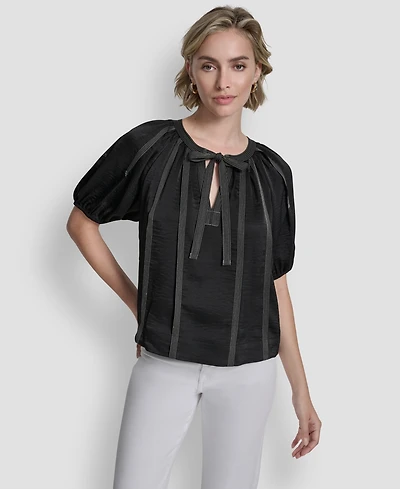 Dkny Women's Puff-Sleeve Top Stitch Tie Front Blouse