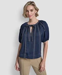 Dkny Women's Puff-Sleeve Top Stitch Tie Front Blouse