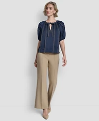 Dkny Women's Puff-Sleeve Top Stitch Tie Front Blouse