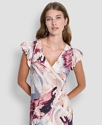 Dkny Women's Puff-Sleeve Printed Satin Bias Cut Dress
