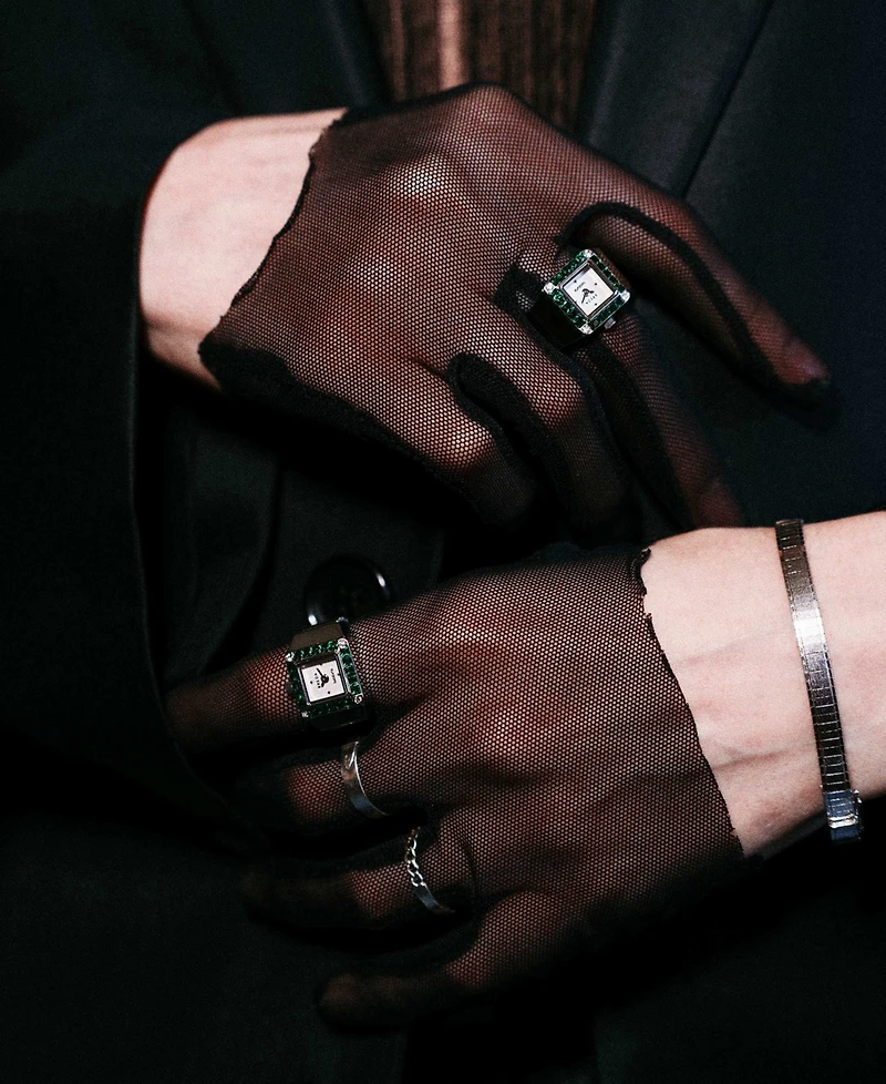 Breda Women's x Dalmata Time Ring Emerald Crystals and Stainless Steel Expandable Ring Watch, 15mm