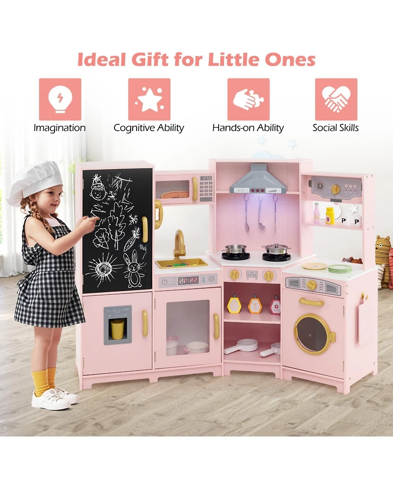 Gymax Corner Kids Play Kitchen Wooden Pretend Toy Kitchen w/ Realistic Lights