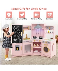 Gymax Corner Kids Play Kitchen Wooden Pretend Toy Kitchen w/ Realistic Lights