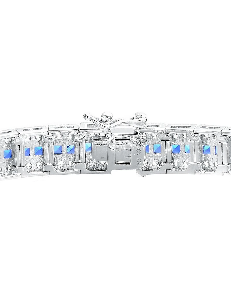 White gold Plated Clear Round and Blue Baguette Cubic Zirconia Link Bracelet