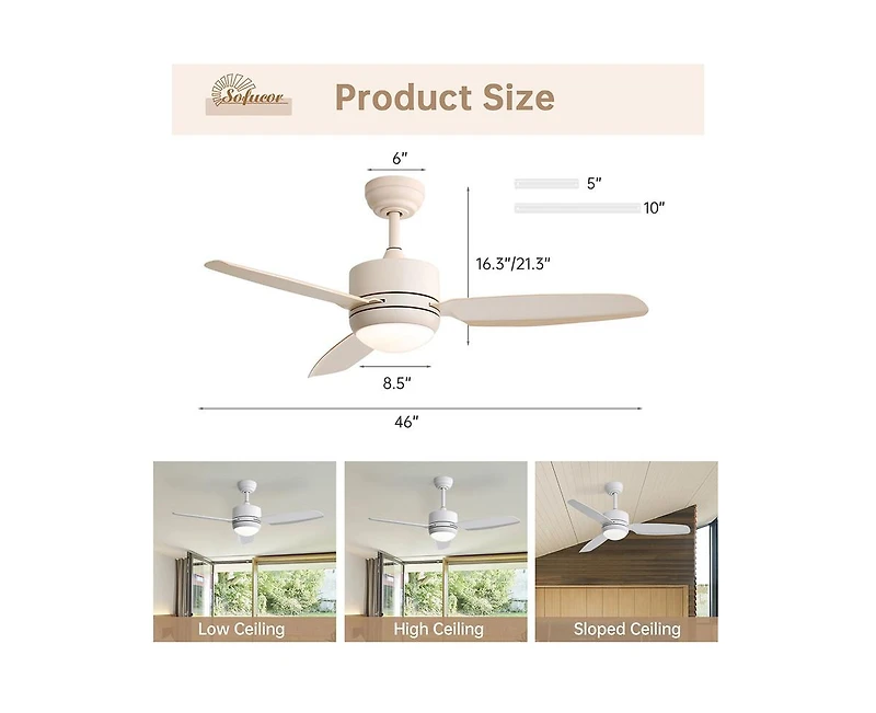 46-inch Modern Beige 3-blade Ceiling Fan with Led Light with Six-speed Remote Control