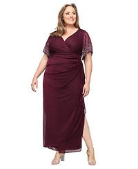 Alex Evenings Plus Embellished-Sleeve Draped Chiffon Gown