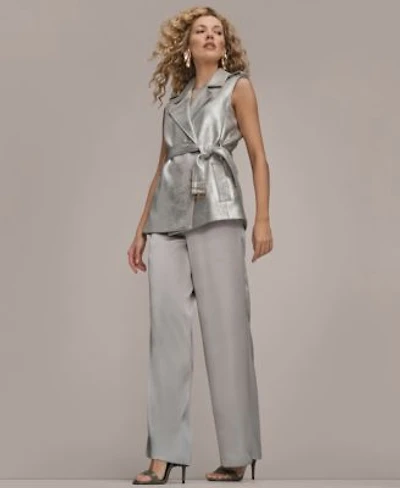 Donna Karan New York Womens Metallic Belted Sleeveless Vest Beaded Top Wide Leg Pants