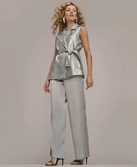 Donna Karan New York Womens Metallic Belted Sleeveless Vest Beaded Top Wide Leg Pants