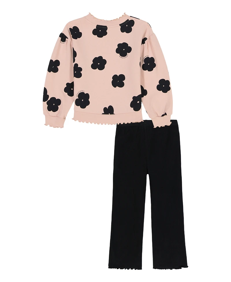 Calvin Klein Girls' Toddler 2T-4T Long-Sleeve Sweatshirt and Ribbed Pants, 2-Piece Set