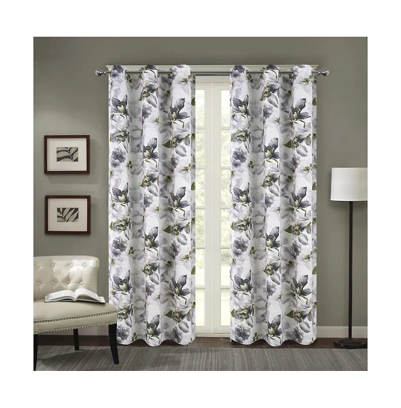 Rt Designers Collection Eden Floral Nature Printed 2 Pieces Blackout Grommet Panel Pair 36" x 84" Silver