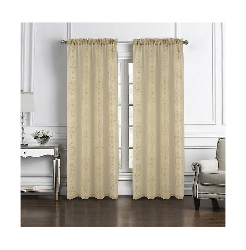 Rt Designers Collection Andrea Emb Metallic Doily Rod Pocket Room Darkening Curtain Panels for Bedroom 54" x 95" Taupe